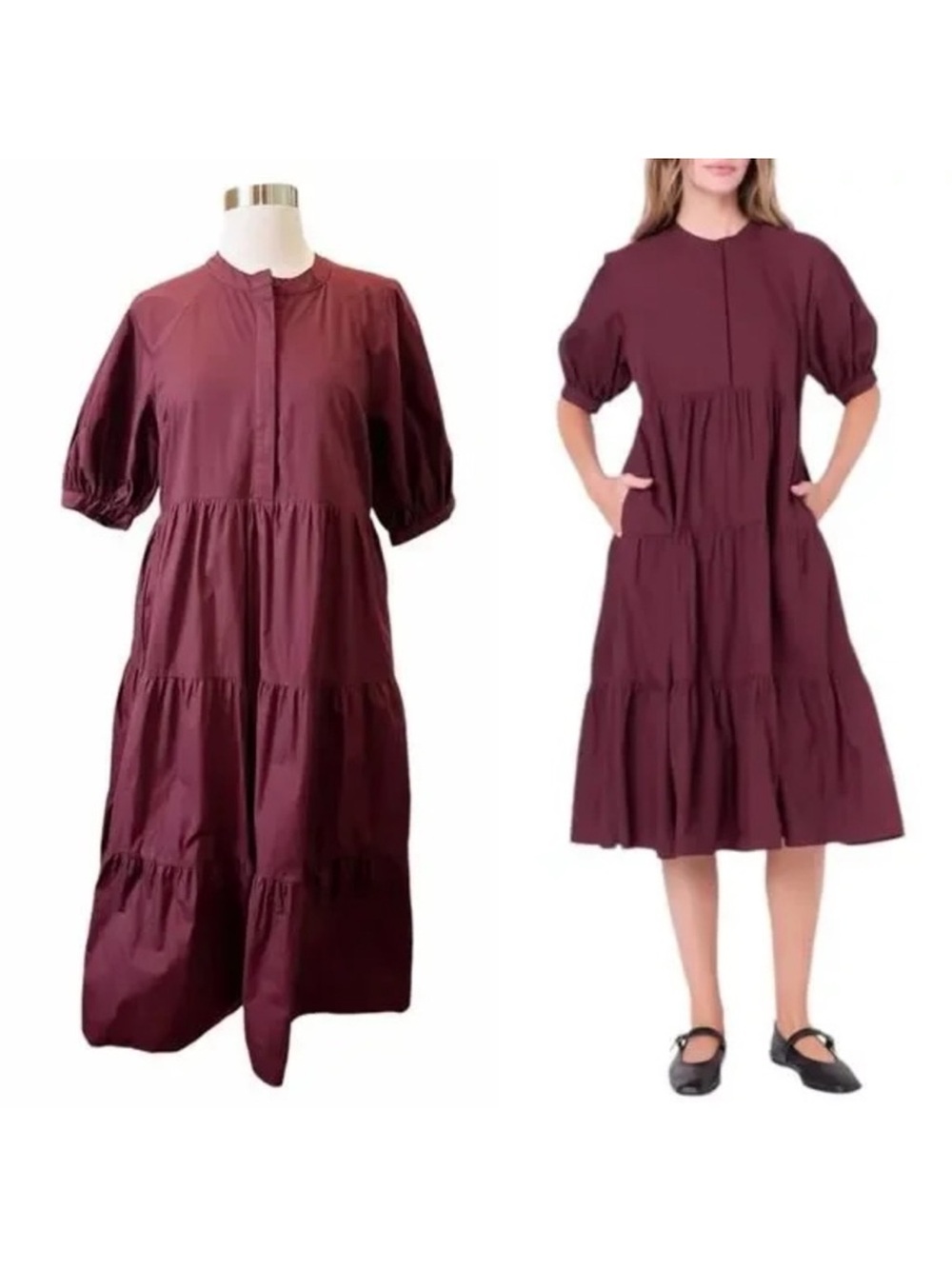 English Factory Burgundy Tiered Puff Sleeve Midi / Maxi Dress Size L